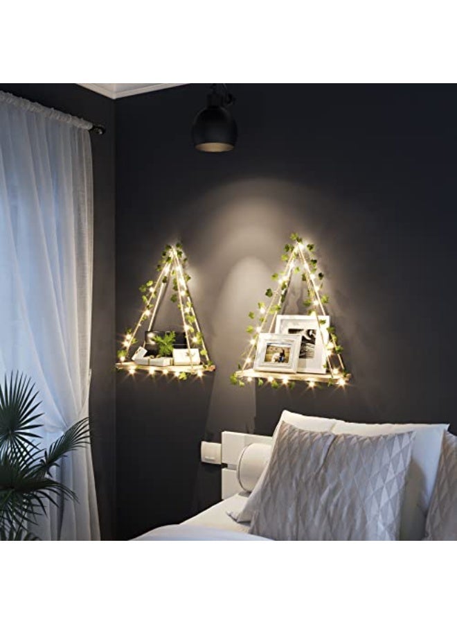 رف جداري من اللبلاب الاصطناعي مع شريط إضاءة LED (قطعتان) لتعليق النباتات، مناسب لغرف النوم والحمامات وغرف المعيشة والمطابخ؛ رف خشبي جداري للنباتات للزينة. - Image 3